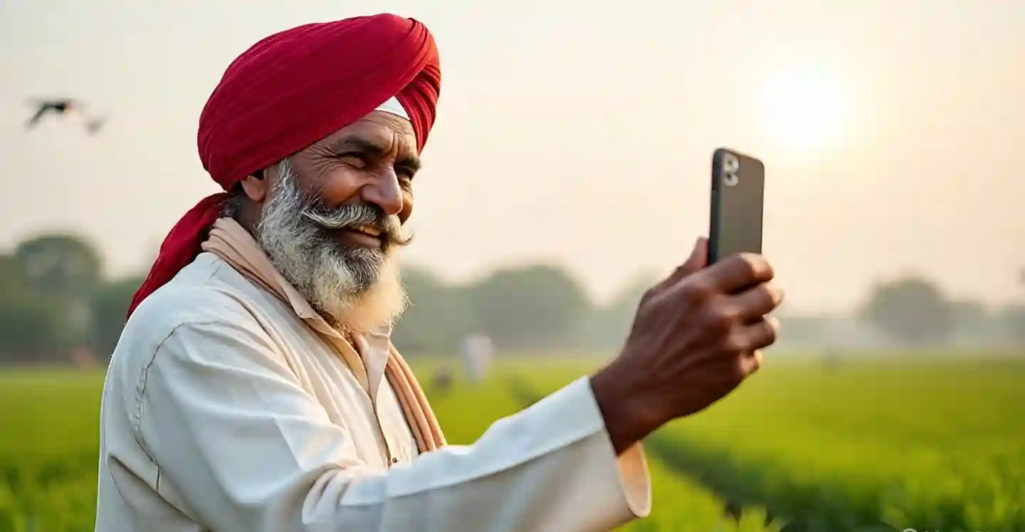 किसान स्मार्टफोन पर कृषि जानकारी लेते हुए