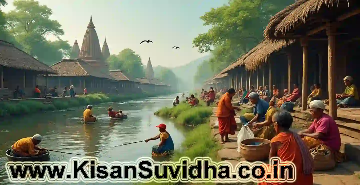 पिंपळगाव खुर्द गावाचे नदीकिनारीचे निसर्गरम्य दृश्य, हिरवेगार शेत आणि पारंपरिक घरे